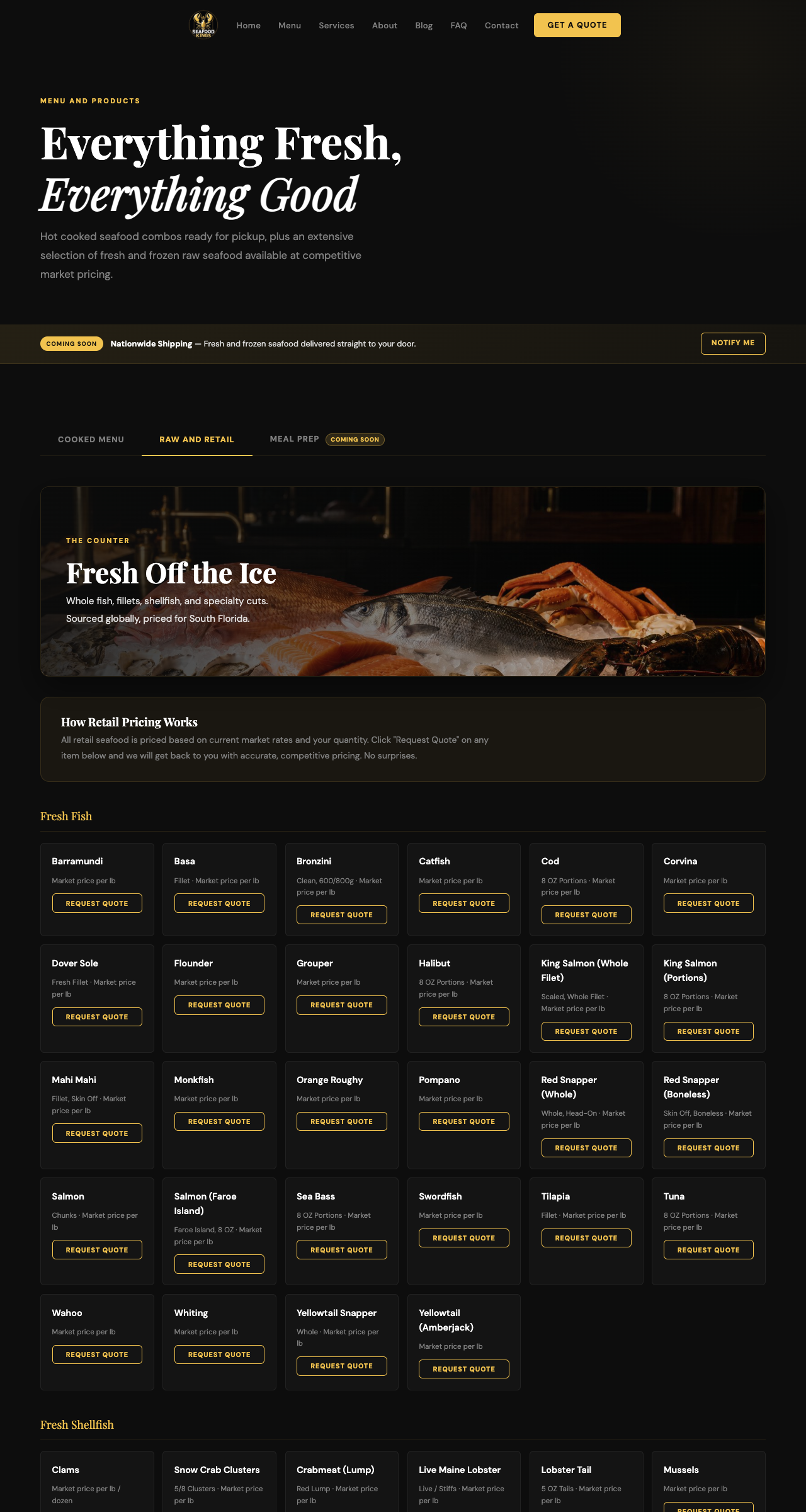 Raw and retail seafood catalog